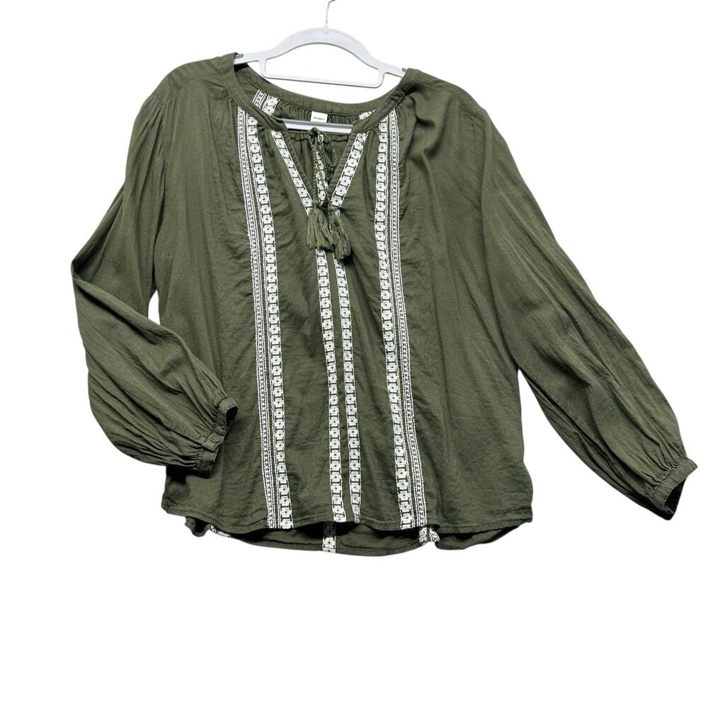 Old Navy Tunic Top Womens Small Olive Green Embroidery Peasant Prairie Festival